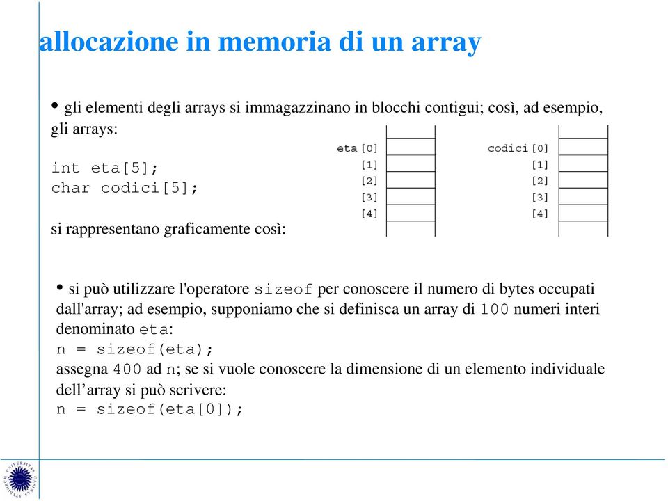 bytes occupati dall'array; ad esempio, supponiamo che si definisca un array di 100 numeri interi denominato eta: n =