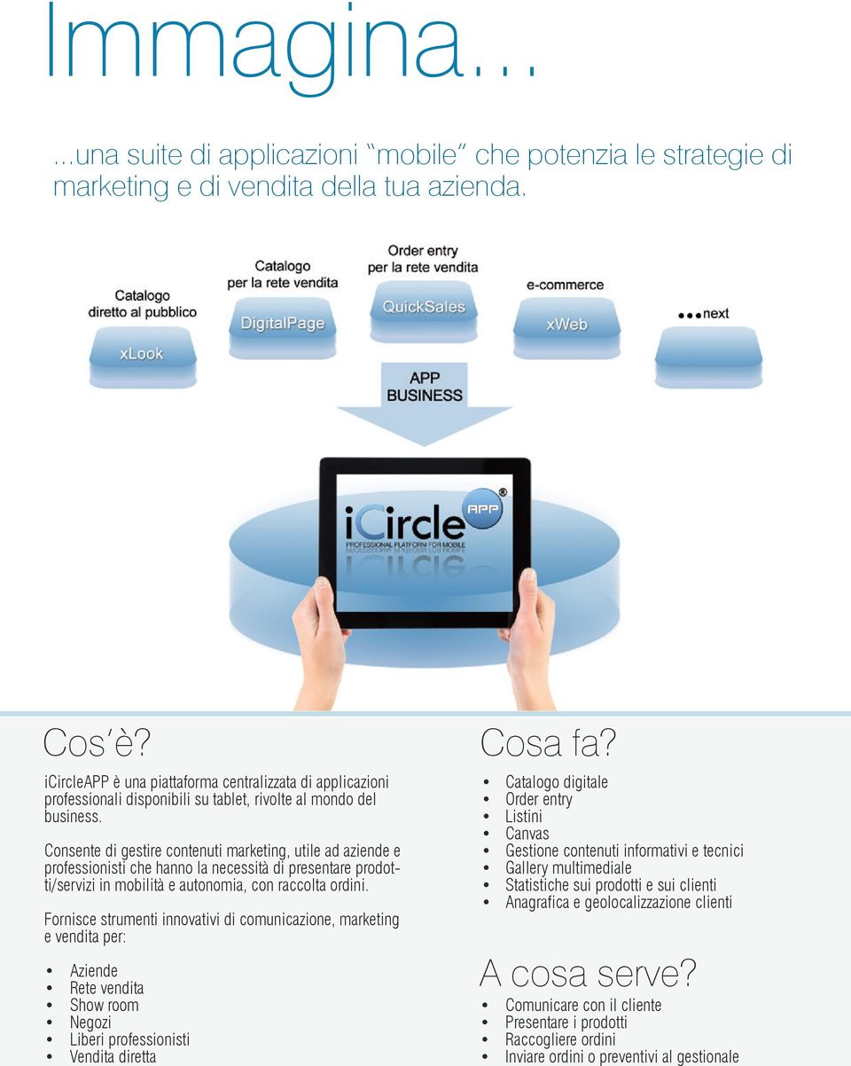 Consente di gestire contenuti marketing, utile ad aziende e professionisti che hanno la necessità di presentare prodotti/servizi in mobilità e autonomia, con raccolta ordini.