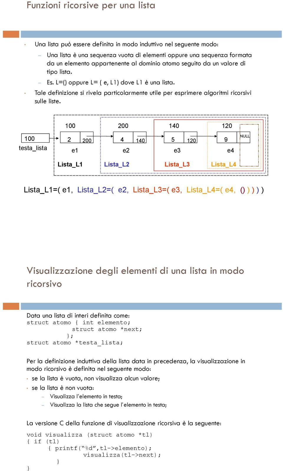 100 200 140 120 100 2 200 4 140 5 120 9 testa_lista e1 e2 e3 e4 NULL Lista_L1 Lista_L2 Lista_L3 Lista_L4 Lista_L1=( e1, Lista_L2=( e2, Lista_L3=( e3, Lista_L4=( e4, () ) ) ) ) Visualizzazione degli