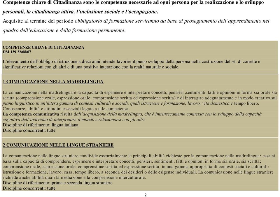 COMPETENZE CHIAVE DI CITTADINANZA DM 139 22/08/07 L elevamento dell obbligo di istruzione a dieci anni intende favorire il pieno sviluppo della persona nella costruzione del sé, di corrette e