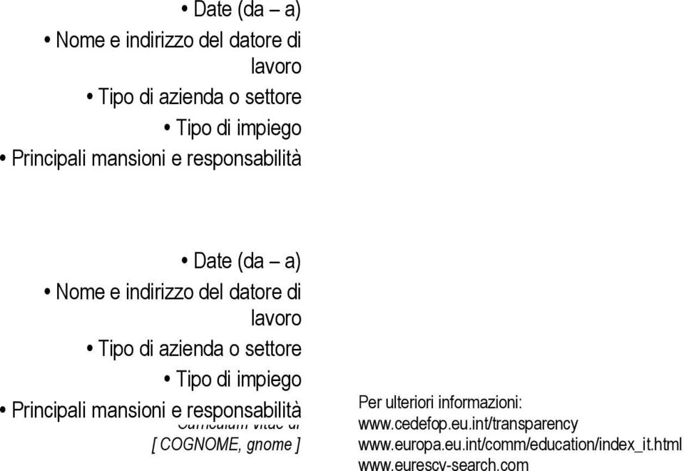 Tipo di impiego Principali mansioni Pagina 10 e di responsabilità 19 -