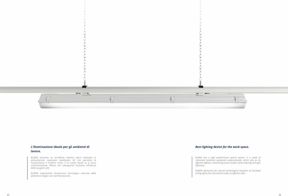 BURAN rappresenta l evoluzione tecnologica naturale delle plafoniere stagne con tubi fluorescenti. Best lighting device for the work space. BURAN has a high performance optical system.