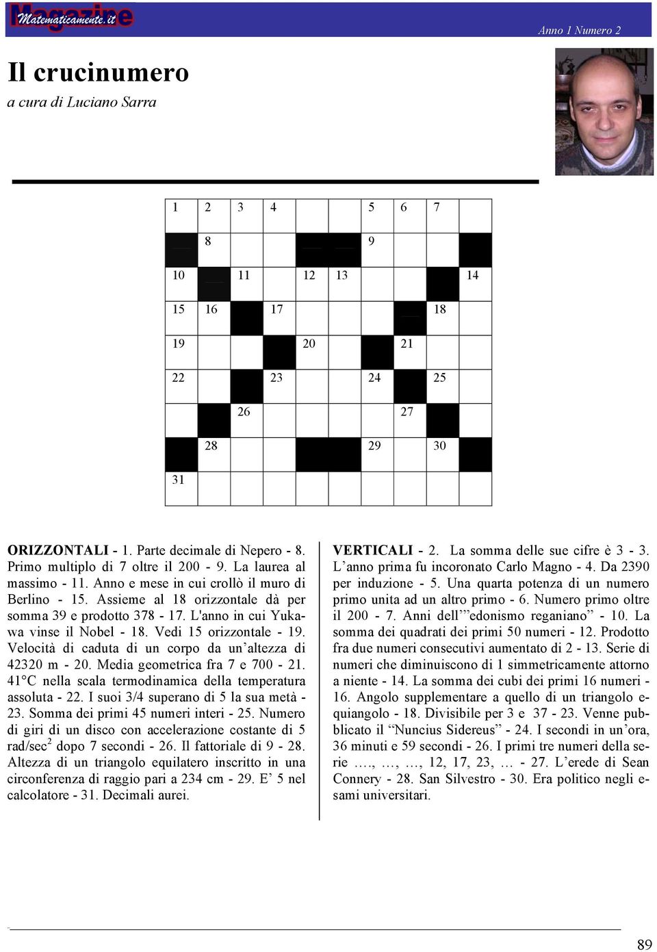 L'anno in cui Yukawa vinse il Nobel - 18. Vedi 15 orizzontale - 19. Velocità di caduta di un corpo da un altezza di 42320 m - 20. Media geometrica fra 7 e 700-21.