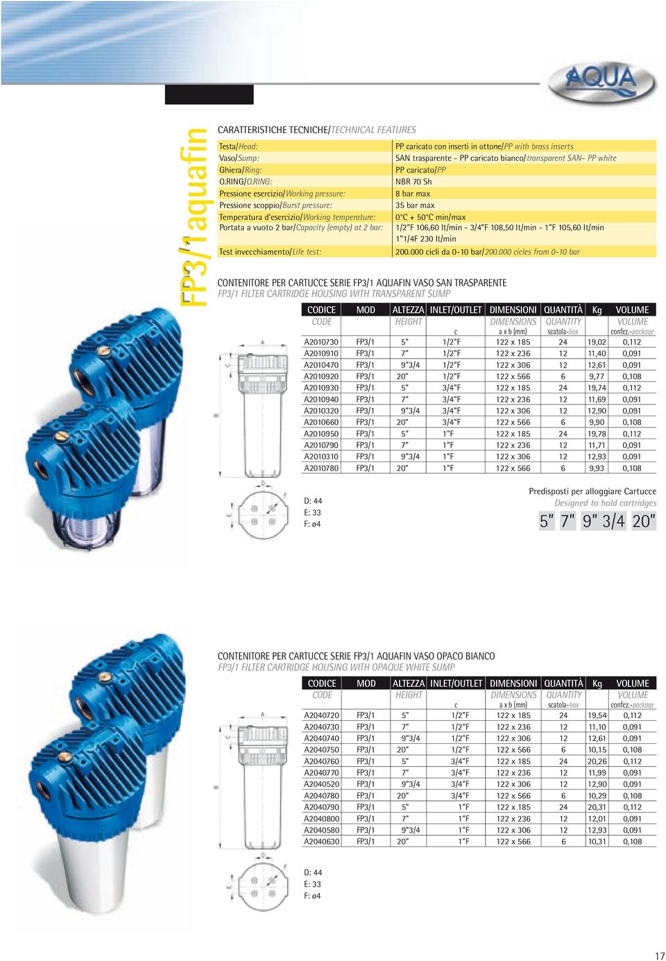 test: PP caricato con inserti in ottone/pp with brass inserts SAN trasparente - PP caricato bianco/transparent SAN PP white PP caricato/pp NBR 70 Sh 8 bar max 35 bar max 0 C + 50 C min/max 1/2 F