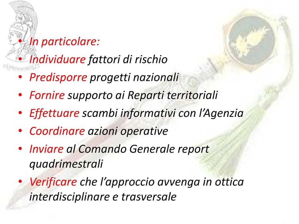 Agenzia Coordinare azioni operative Inviare al Comando Generale report