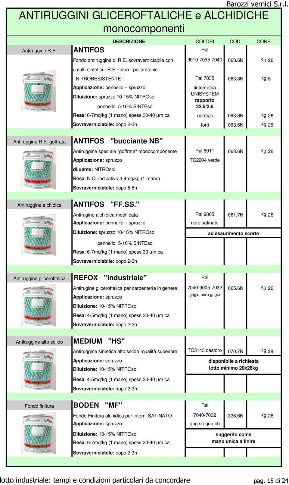 6N Kg 26 Sovraverniciabile: dopo 2-3h forti 063.6N Kg 26 Antiruggine R.E. goffrata Antiruggine alchidica ANTIFOS "bucciante NB" Antiruggine speciale "goffrata" monocomponente Ral 6011 063.