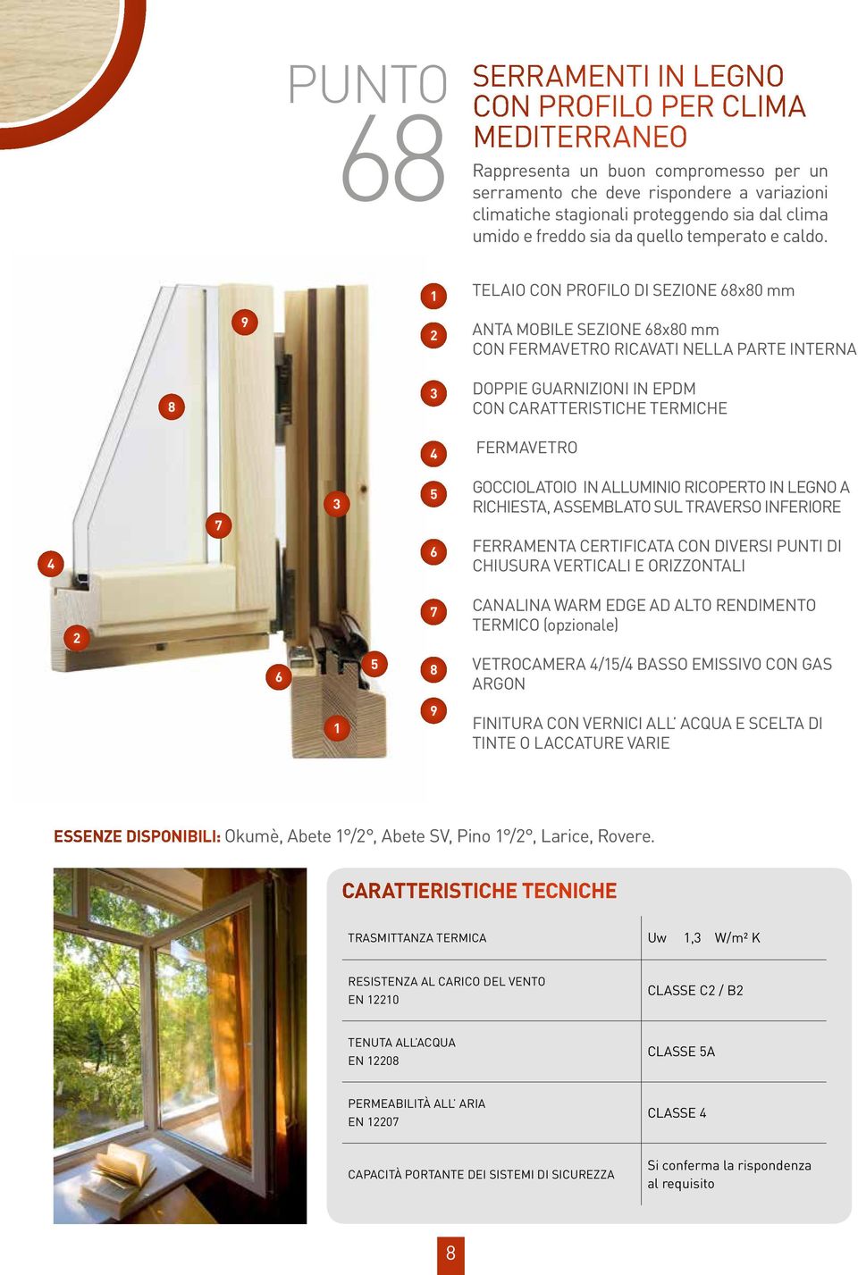 9 1 2 TELAIO CON PROFILO DI sezione 68x80 mm ANTA MOBILE SEZIONE 68x80 mm con fermavetro ricavati nella parte interna 8 3 4 doppie guarnizioni in epdm con caratteristiche termiche FERMAVETRO 4 7 3 5