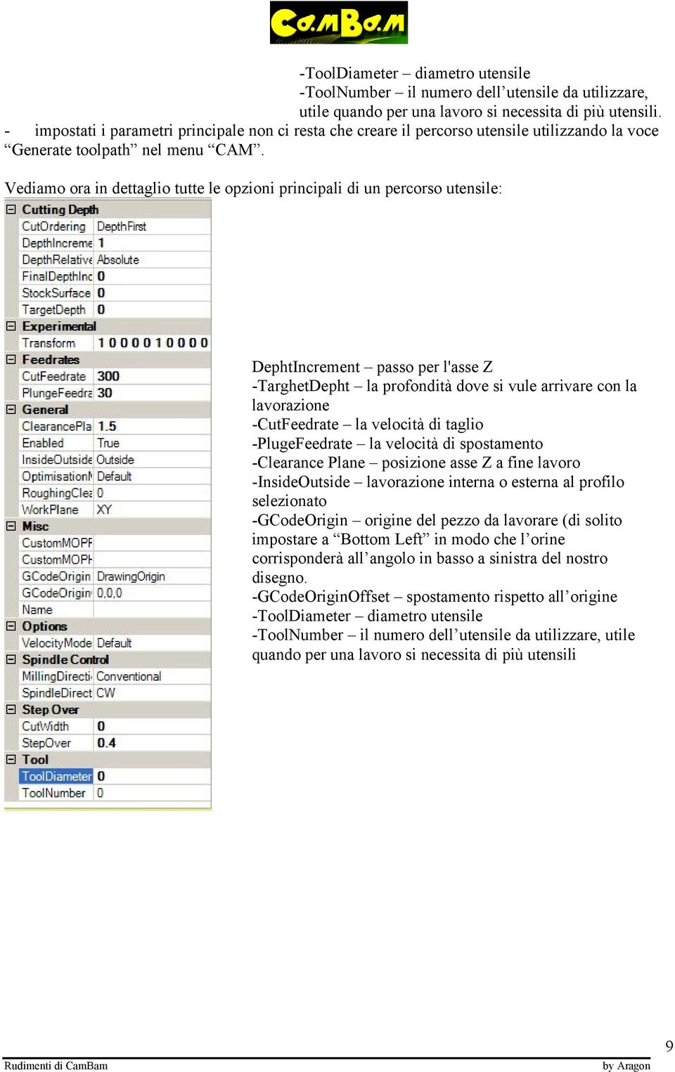 Vediamo ora in dettaglio tutte le opzioni principali di un percorso utensile: DephtIncrement passo per l'asse Z -TarghetDepht la profonditá dove si vule arrivare con la lavorazione -CutFeedrate la