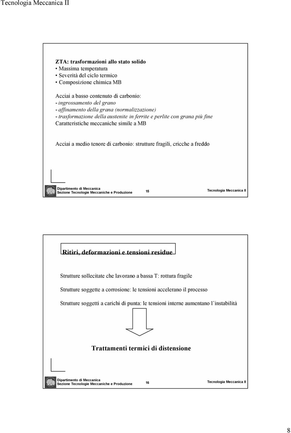 freddo Sezione Tecnologie Meccaniche e Produzione 15 Tecnologia Meccanica II Ritiri, deformazioni e tensioni residue Strutture sollecitate che lavorano a bassa T: rottura fragile Strutture soggette a