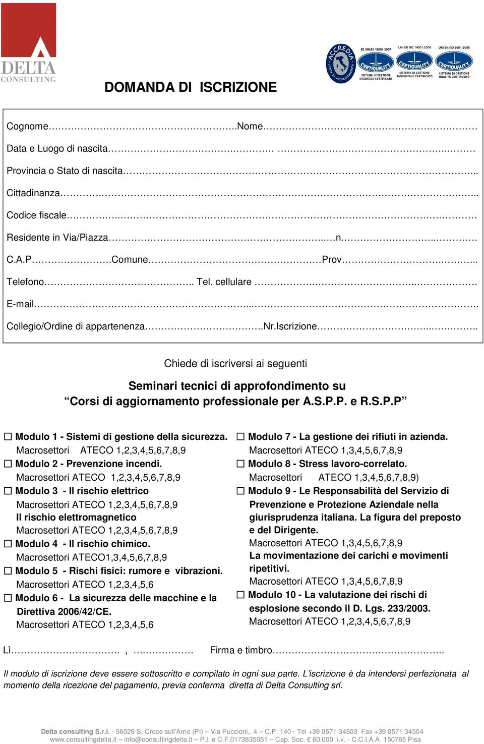 P. e R.S.P.P Modulo 1 - Sistemi di gestione della sicurezza. Modulo 2 - Prevenzione incendi. Modulo 3 - Il rischio elettrico Il rischio elettromagnetico Modulo 4 - Il rischio chimico.