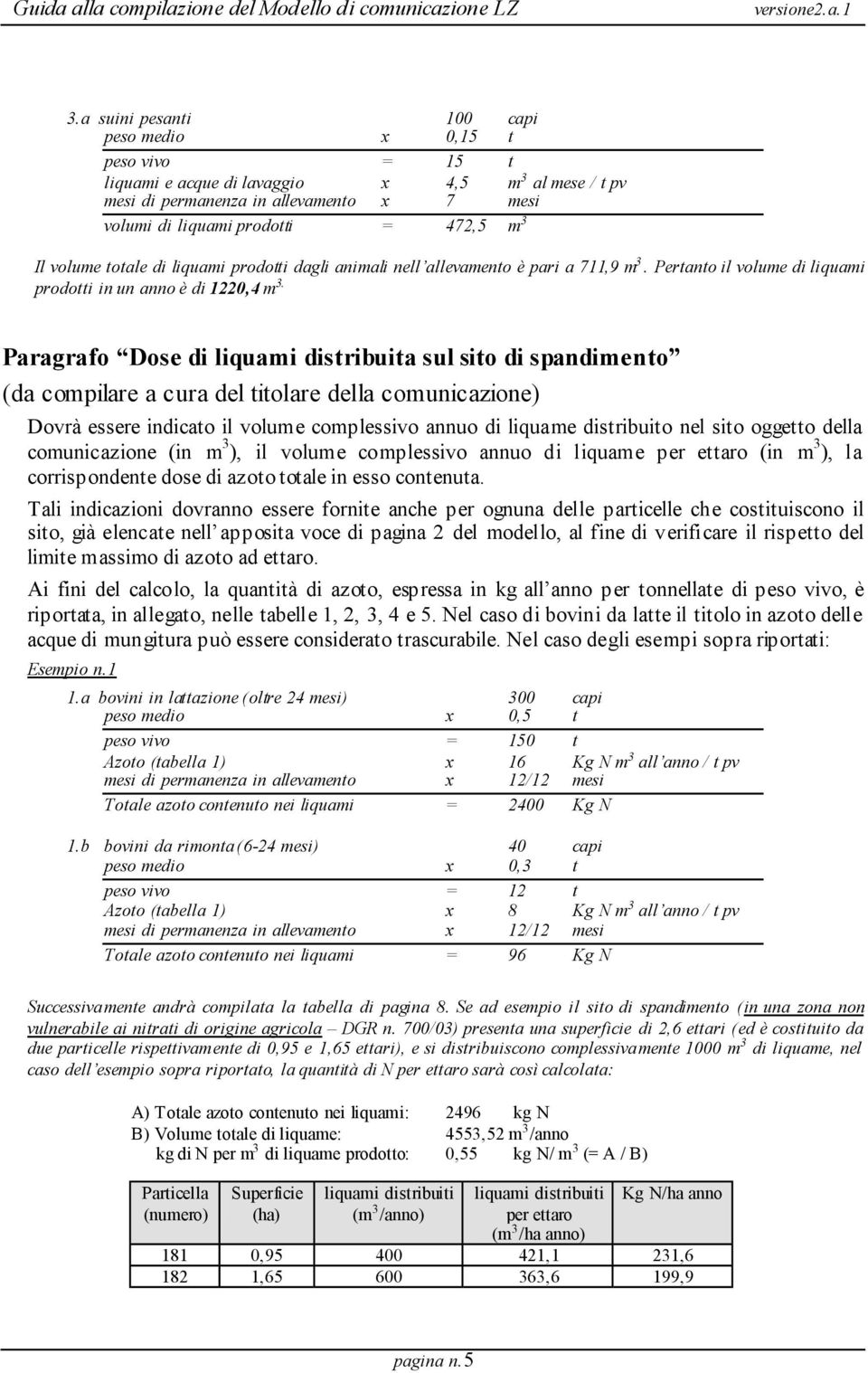 Paragrafo Dose di liquami distribuita sul sito di spandimento (da compilare a cura del titolare della comunicazione) Dovrà essere indicato il volume complessivo annuo di liquame distribuito nel sito