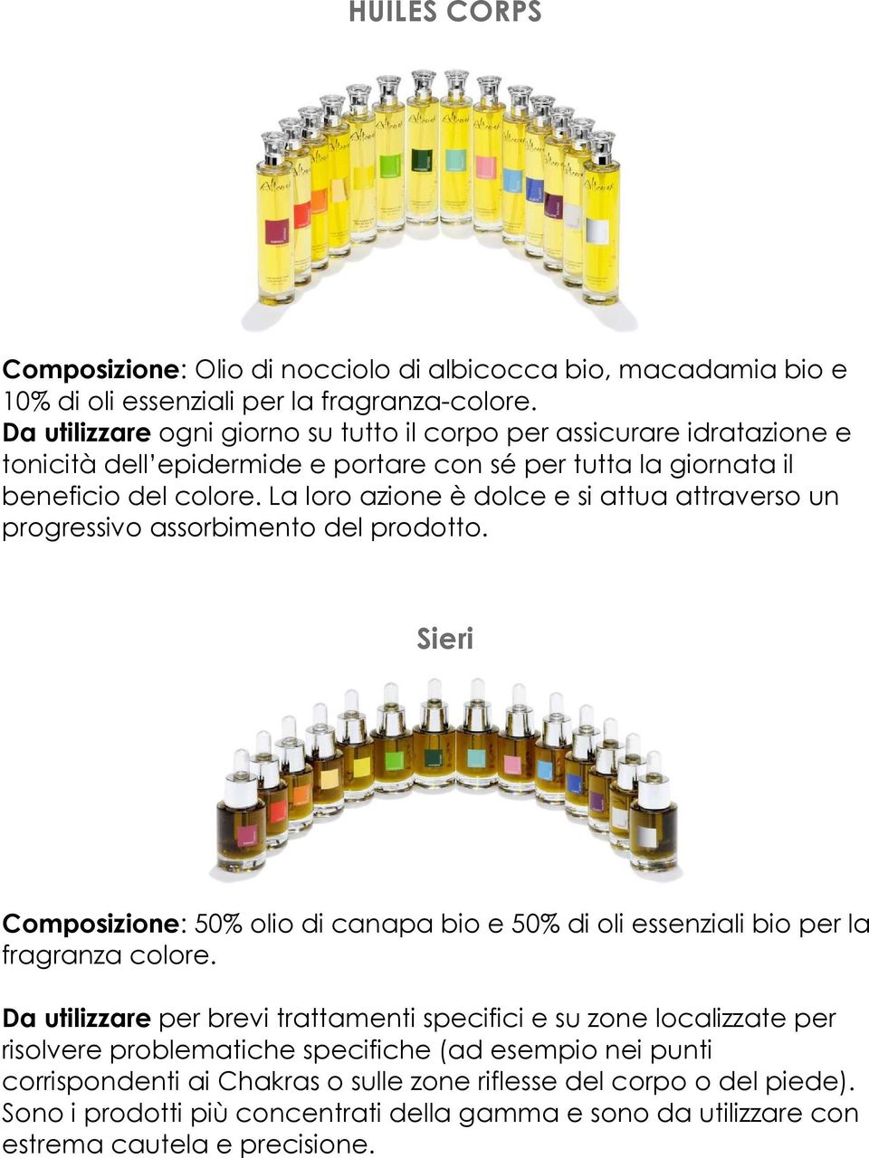 La loro azione è dolce e si attua attraverso un progressivo assorbimento del prodotto. Sieri Composizione: 50% olio di canapa bio e 50% di oli essenziali bio per la fragranza colore.