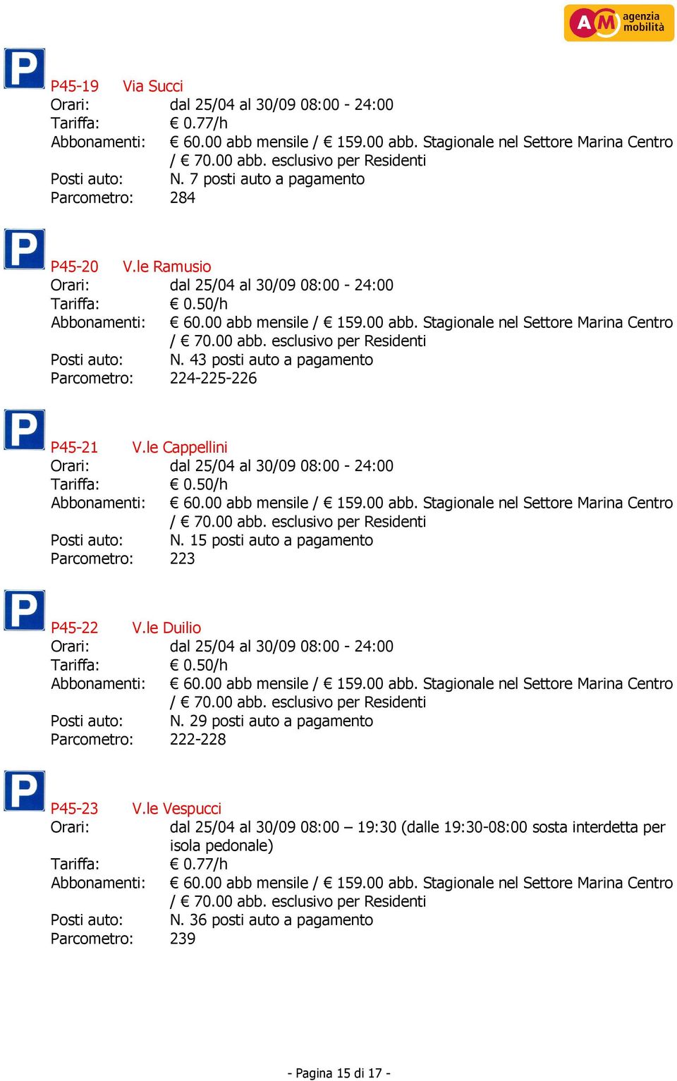 15 posti auto a pagamento Parcometro: 223 P45-22 V.le Duilio Tariffa: 0.50/h Posti auto: N.