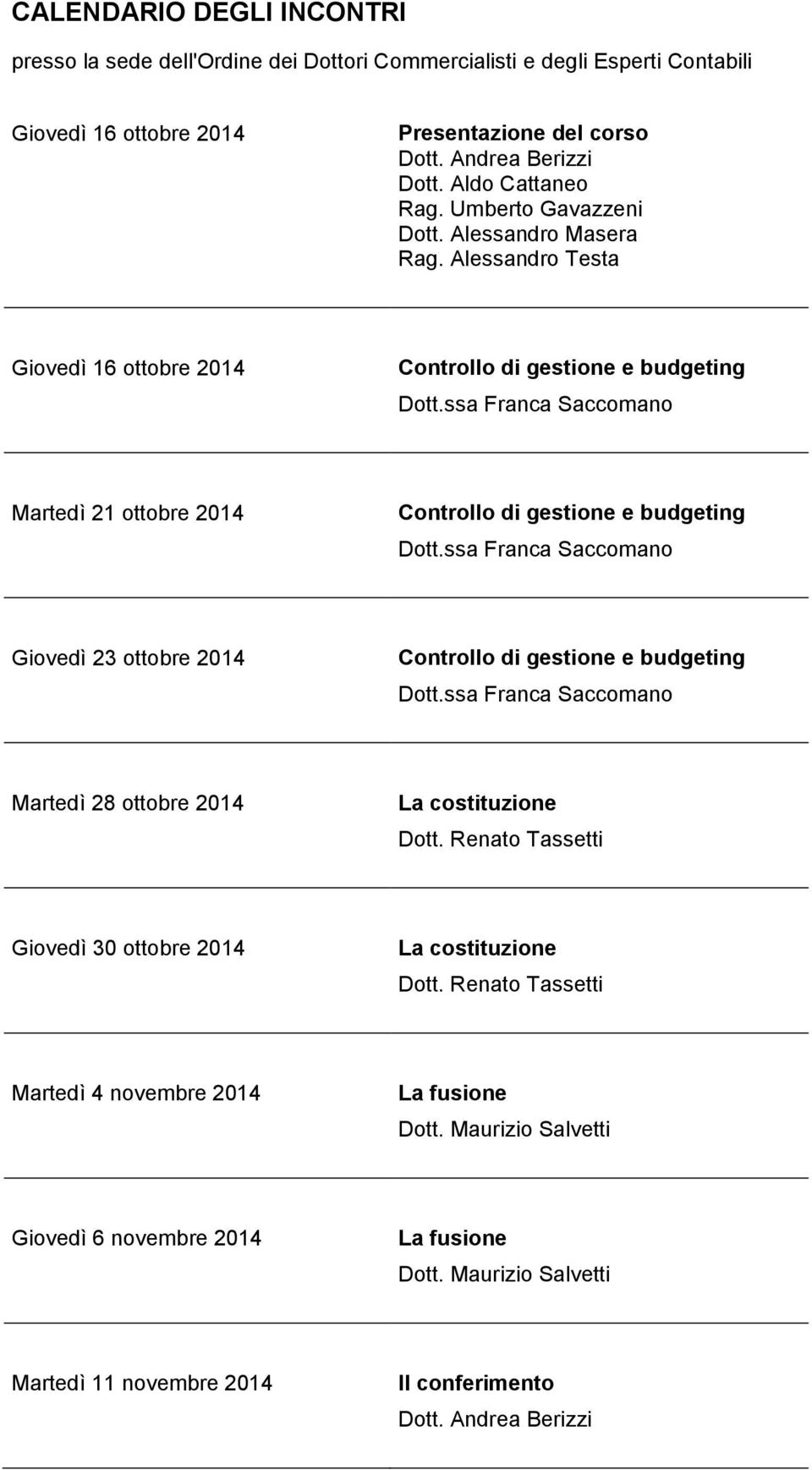 ssa Franca Saccomano Martedì 21 ottobre 2014 Controllo di gestione e budgeting Dott.ssa Franca Saccomano Giovedì 23 ottobre 2014 Controllo di gestione e budgeting Dott.