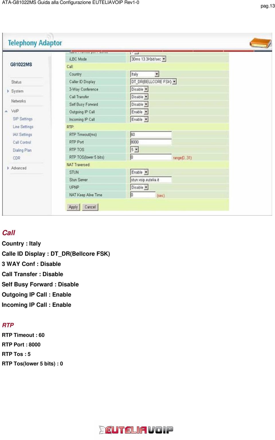 Disable Outgoing IP Call : Enable Incoming IP Call : Enable RTP