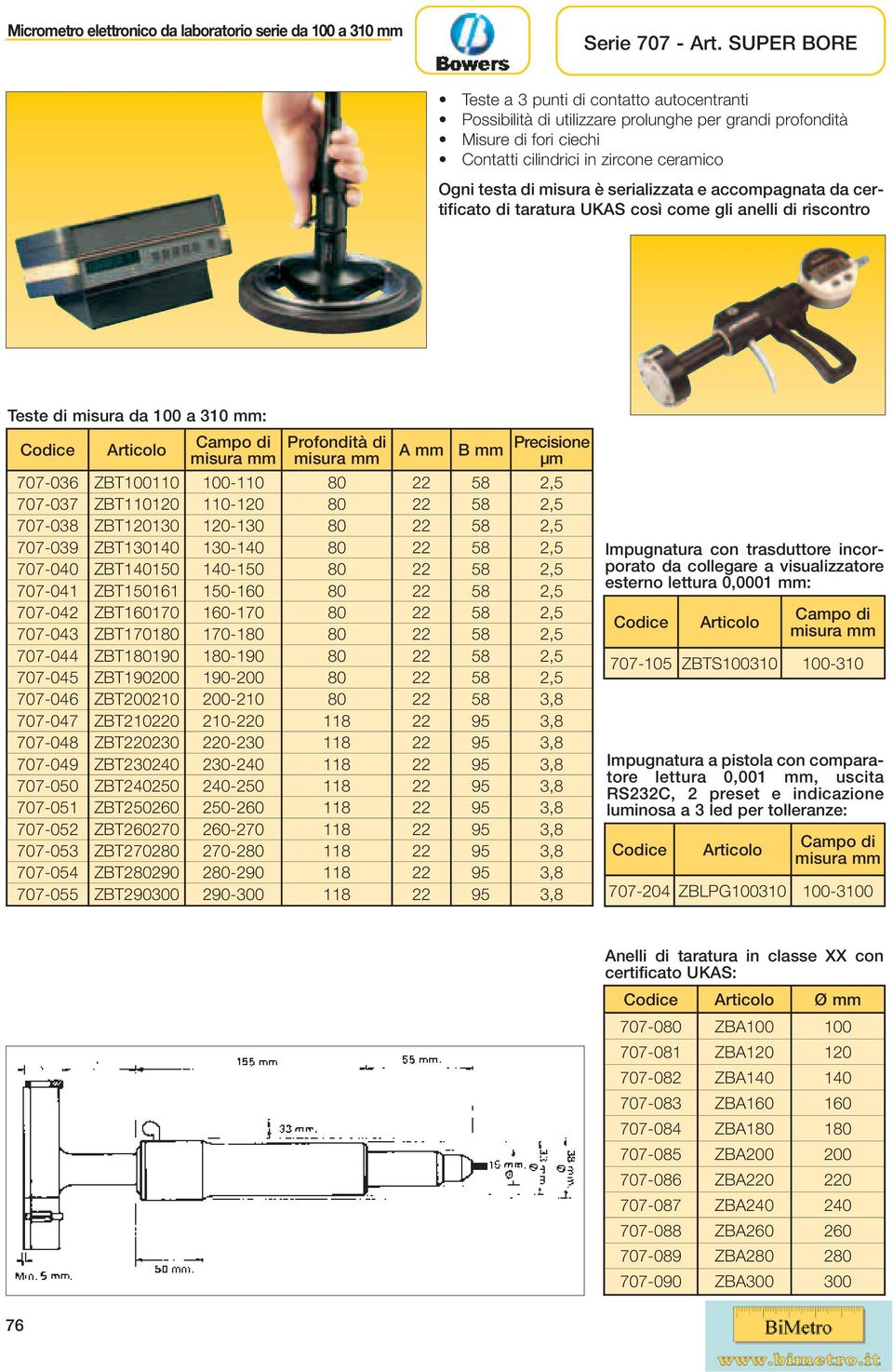 serializzata e accompagnata da certificato di taratura UKAS così come gli anelli di riscontro Teste di misura da 100 a 310 : A B Precisione μm 707-036 ZBT100110 100-110 80 22 58 2,5 707-037 ZBT110120