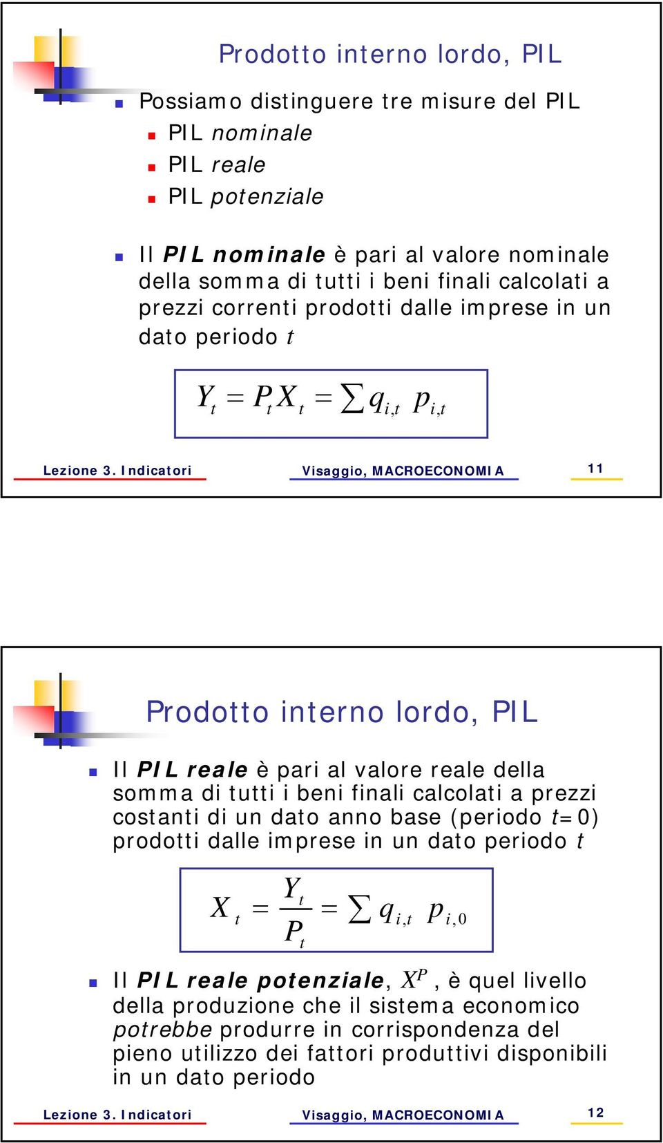 Indicaori 11 rodoo inerno lordo, IL Il IL reale è pari al valore reale della somma di ui i beni finali calcolai a prezzi cosani di un dao anno base (periodo 0) prodoi