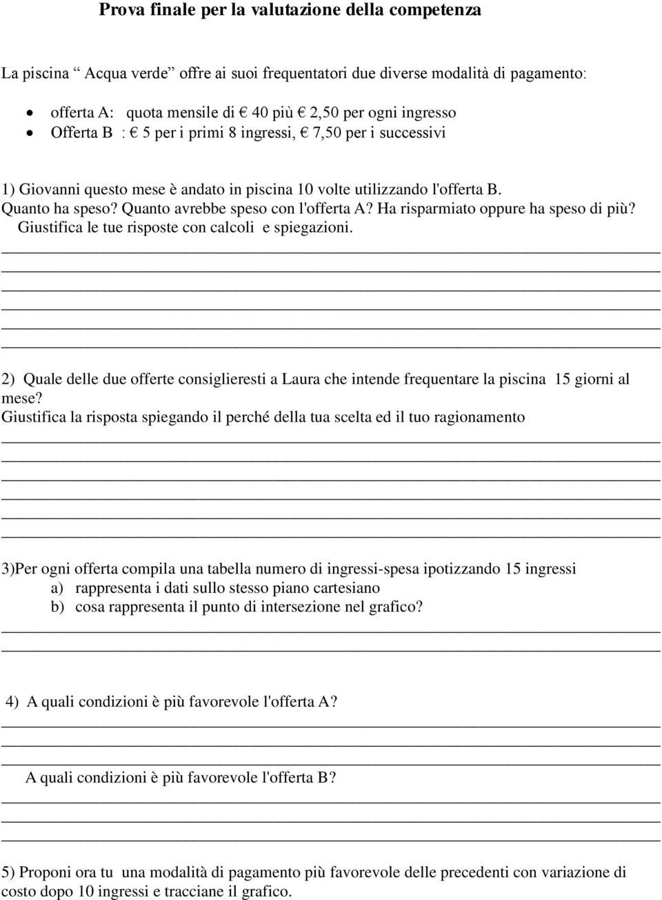 Ha risparmiato oppure ha speso di più? Giustifica le tue risposte con calcoli e spiegazioni. 2) Quale delle due offerte consiglieresti a Laura che intende frequentare la piscina 15 giorni al mese?