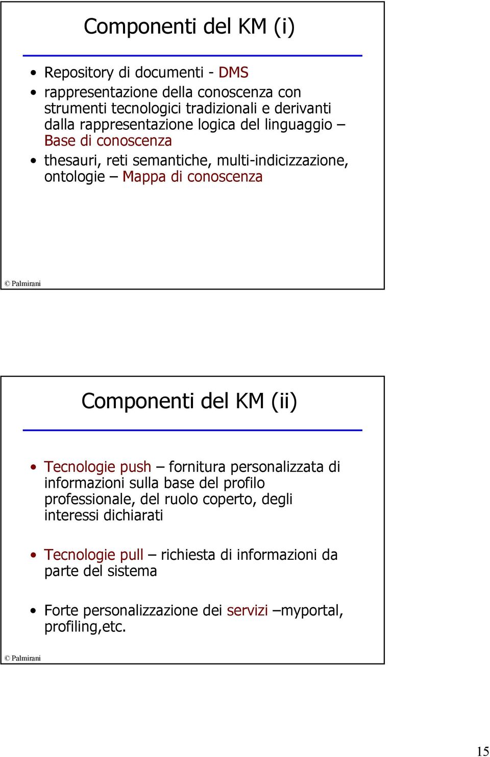 Componenti del KM (ii) Tecnologie push fornitura personalizzata di informazioni sulla base del profilo professionale, del ruolo coperto, degli