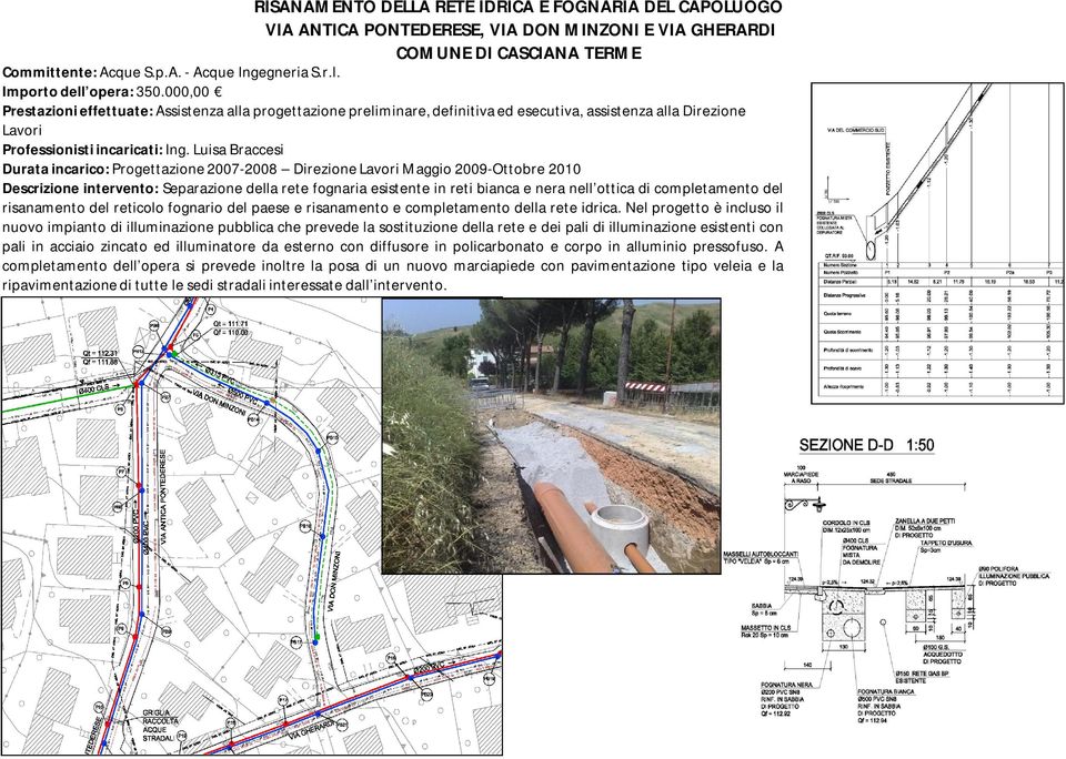 Luisa Braccesi Durata incarico: Progettazione 2007-2008 Direzione Lavori Maggio 2009-Ottobre 2010 Descrizione intervento: Separazione della rete fognaria esistente in reti bianca e nera nell ottica