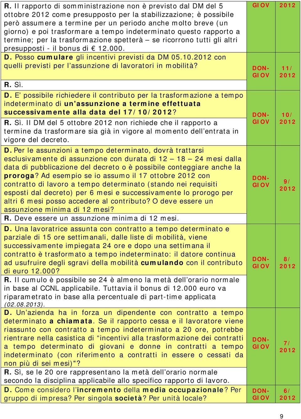 Posso cumulare gli incentivi previsti da DM 05.10. con quelli previsti per l assunzione di lavoratori in mobilità? R. Sì. D. E possibile richiedere il contributo per la trasformazione a tempo indeterminato di un'assunzione a termine effettuata successivamente alla data del 17/10/?