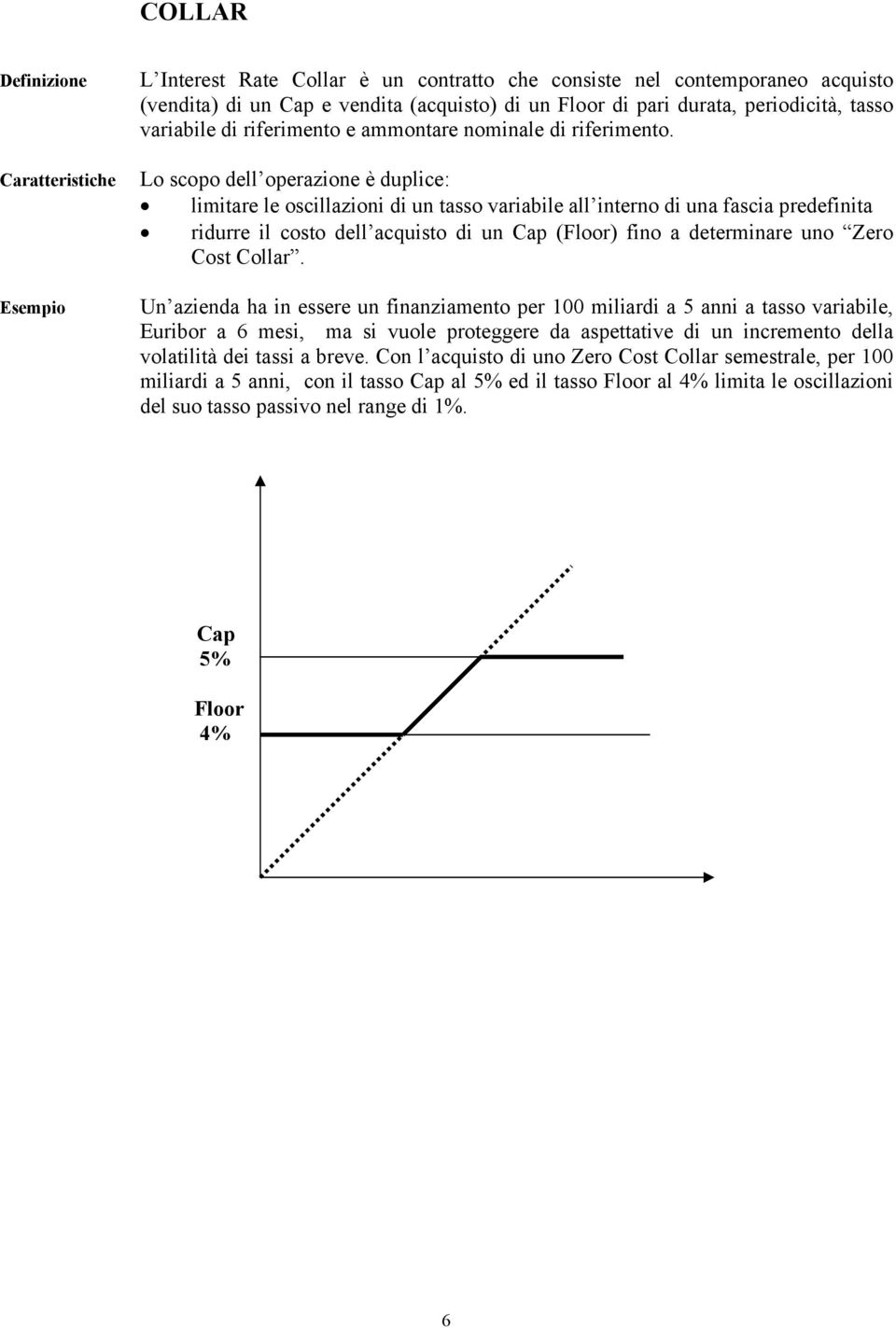 Lo scopo dell operazione è duplice: limitare le oscillazioni di un tasso variabile all interno di una fascia predefinita ridurre il costo dell acquisto di un Cap (Floor) fino a determinare uno Zero