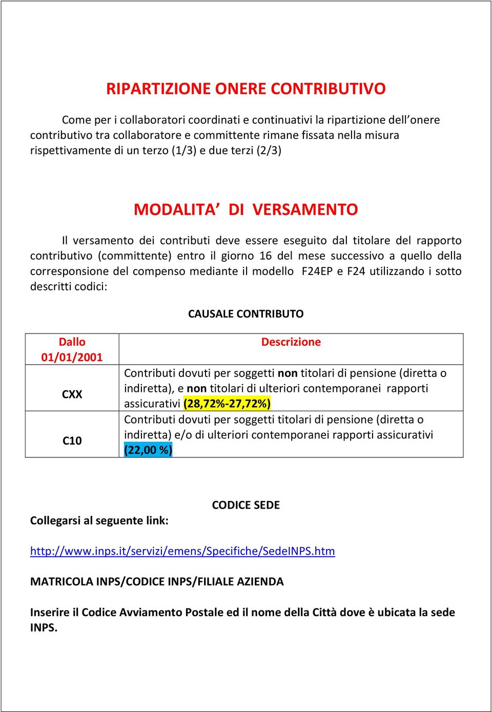 successivo a quello della corresponsione del compenso mediante il modello F24EP e F24 utilizzando i sotto descritti codici: CAUSALE CONTRIBUTO Dallo 01/01/2001 CXX C10 Descrizione Contributi dovuti