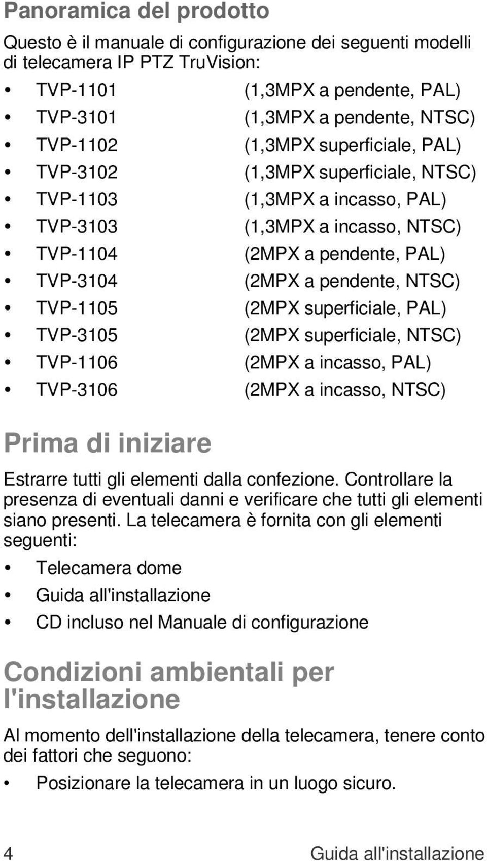 TVP-1105 (2MPX superficiale, PAL) TVP-3105 (2MPX superficiale, NTSC) TVP-1106 (2MPX a incasso, PAL) TVP-3106 (2MPX a incasso, NTSC) Prima di iniziare Estrarre tutti gli elementi dalla confezione.