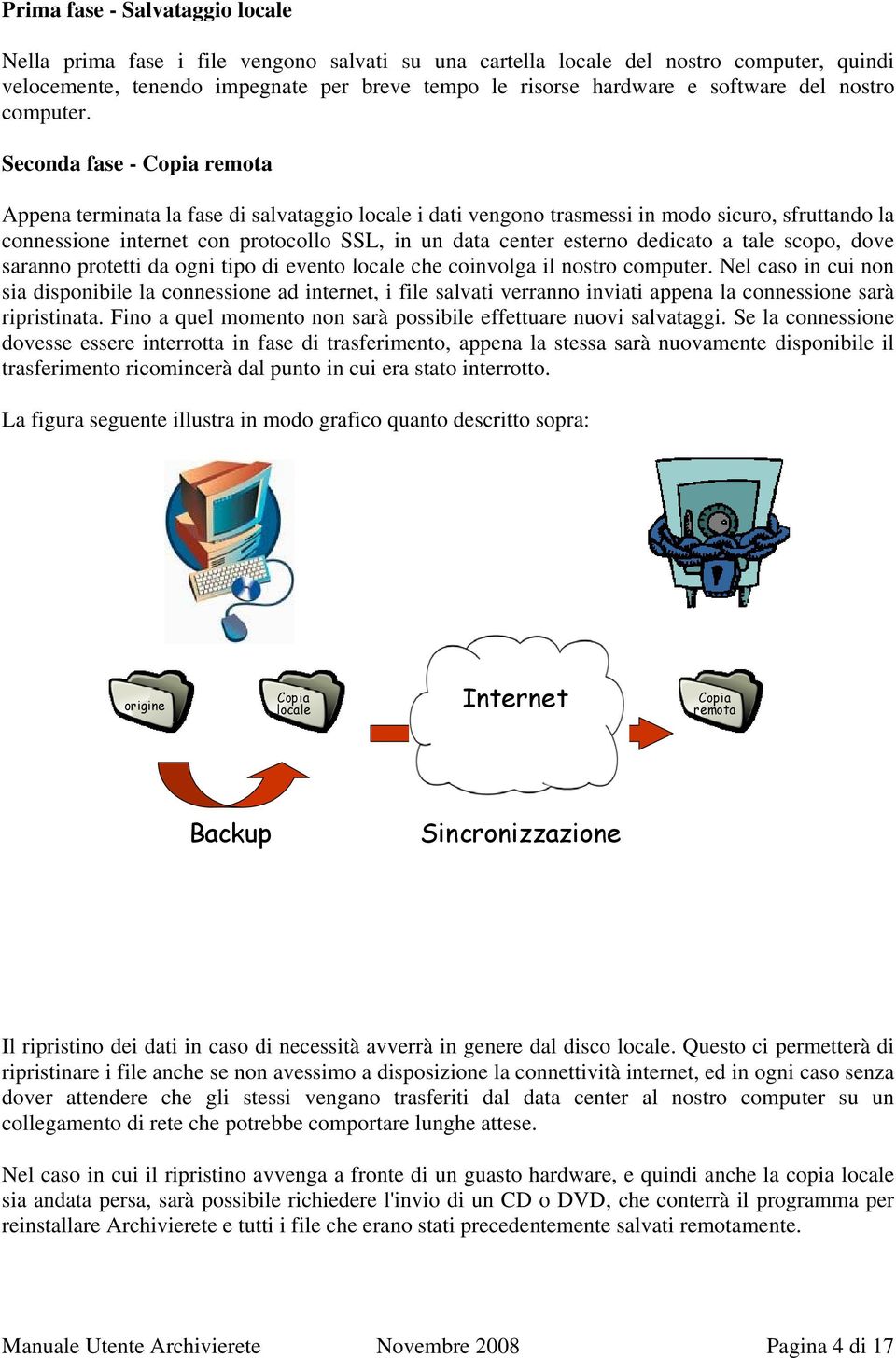 Seconda fase - Copia remota Appena terminata la fase di salvataggio locale i dati vengono trasmessi in modo sicuro, sfruttando la connessione internet con protocollo SSL, in un data center esterno