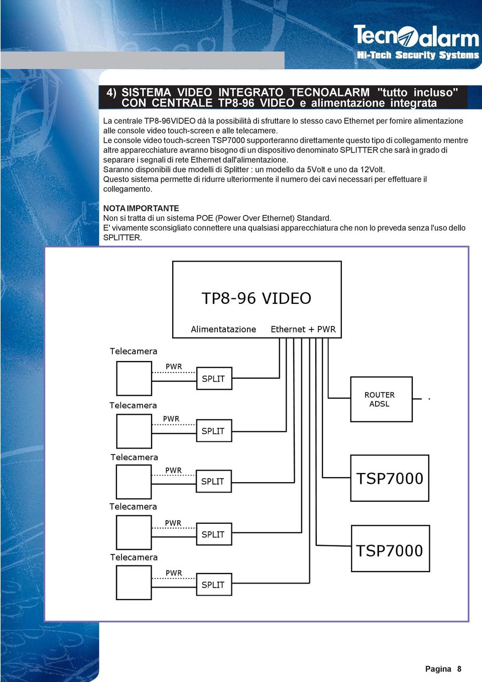 Le console video touch-screen TSP7000 supporteranno direttamente questo tipo di collegamento mentre altre apparecchiature avranno bisogno di un dispositivo denominato SPLITTER che sarà in grado di
