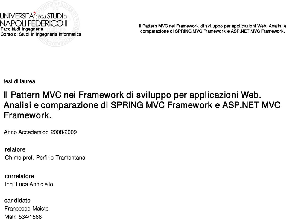 NET MVC Framework. Anno Accademico 2008/2009 relatore Ch.mo prof.