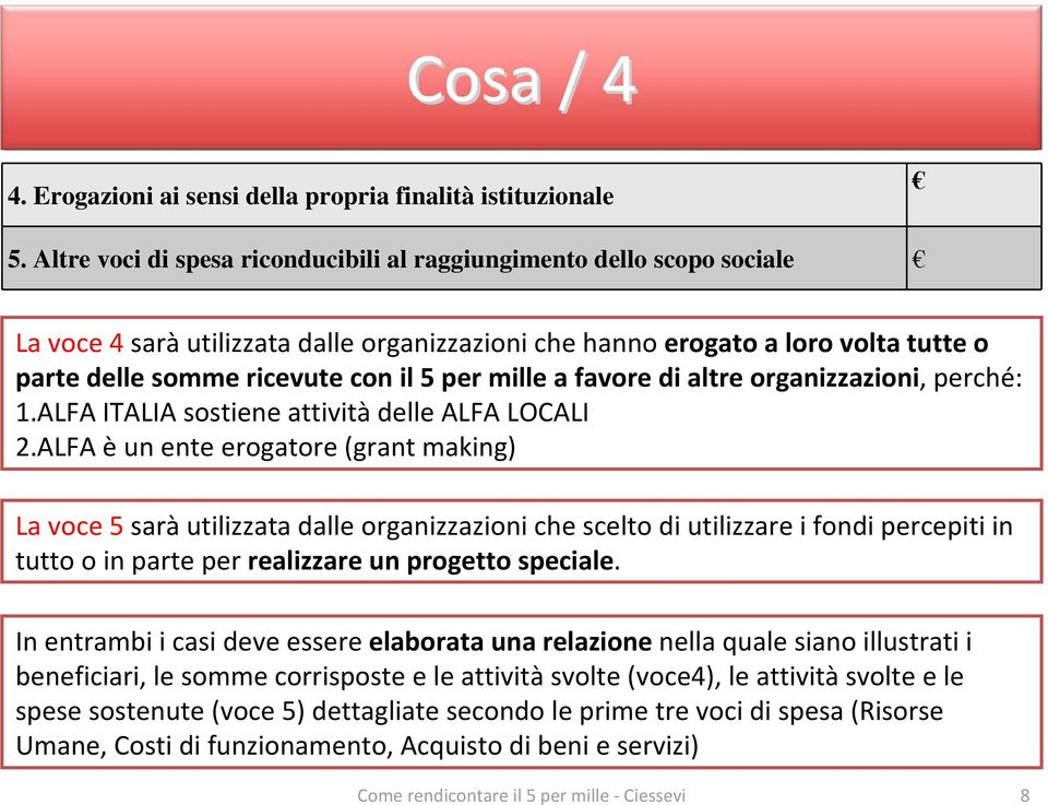 mille a favore di altre organizzazioni, perché: 1.ALFA ITALIA sostiene attività delle ALFA LOCALI 2.