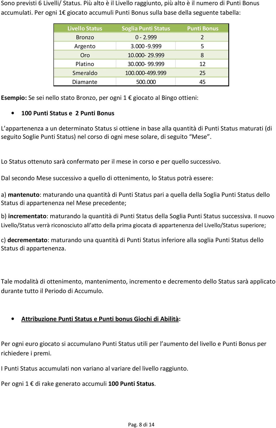 Soglia Punti Status Punti Bonus Bronzo 0-2.999 2 Argento 3.000-9.999 5 Oro 10.000-29.999 8 Platino 30.000-99.999 12 Smeraldo 100.000-499.999 25 Diamante 500.