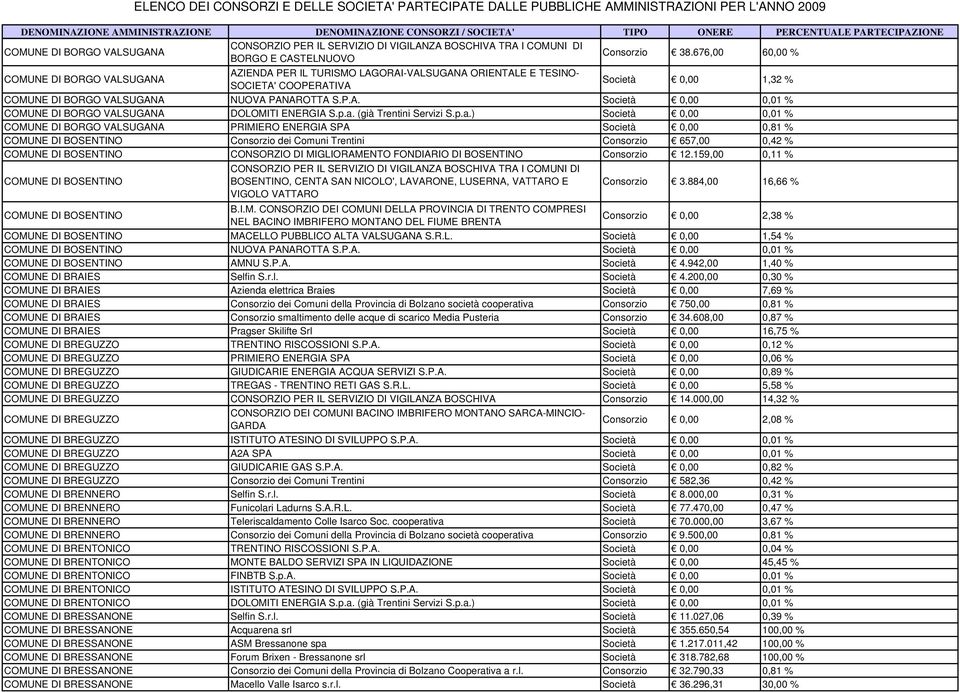 p.a. (già Trentini Servizi S.p.a.) Società 0,00 0,01 % COMUNE DI BORGO VALSUGANA PRIMIERO ENERGIA SPA Società 0,00 0,81 % COMUNE DI BOSENTINO Consorzio dei Comuni Trentini Consorzio 657,00 0,42 %