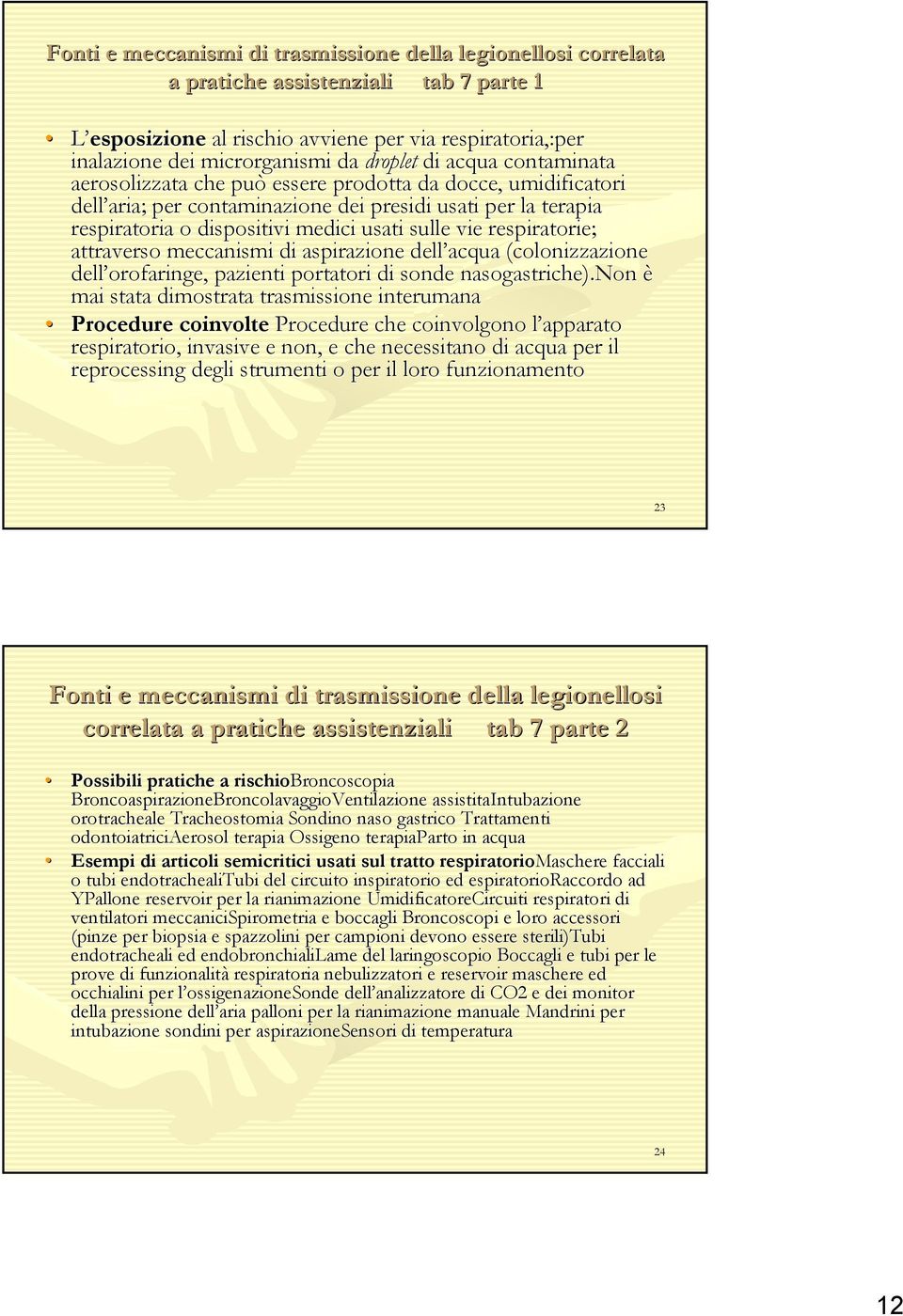 vie respiratorie; attraverso meccanismi di aspirazione dell acqua (colonizzazione dell orofaringe orofaringe,, pazienti portatori di sonde nasogastriche).