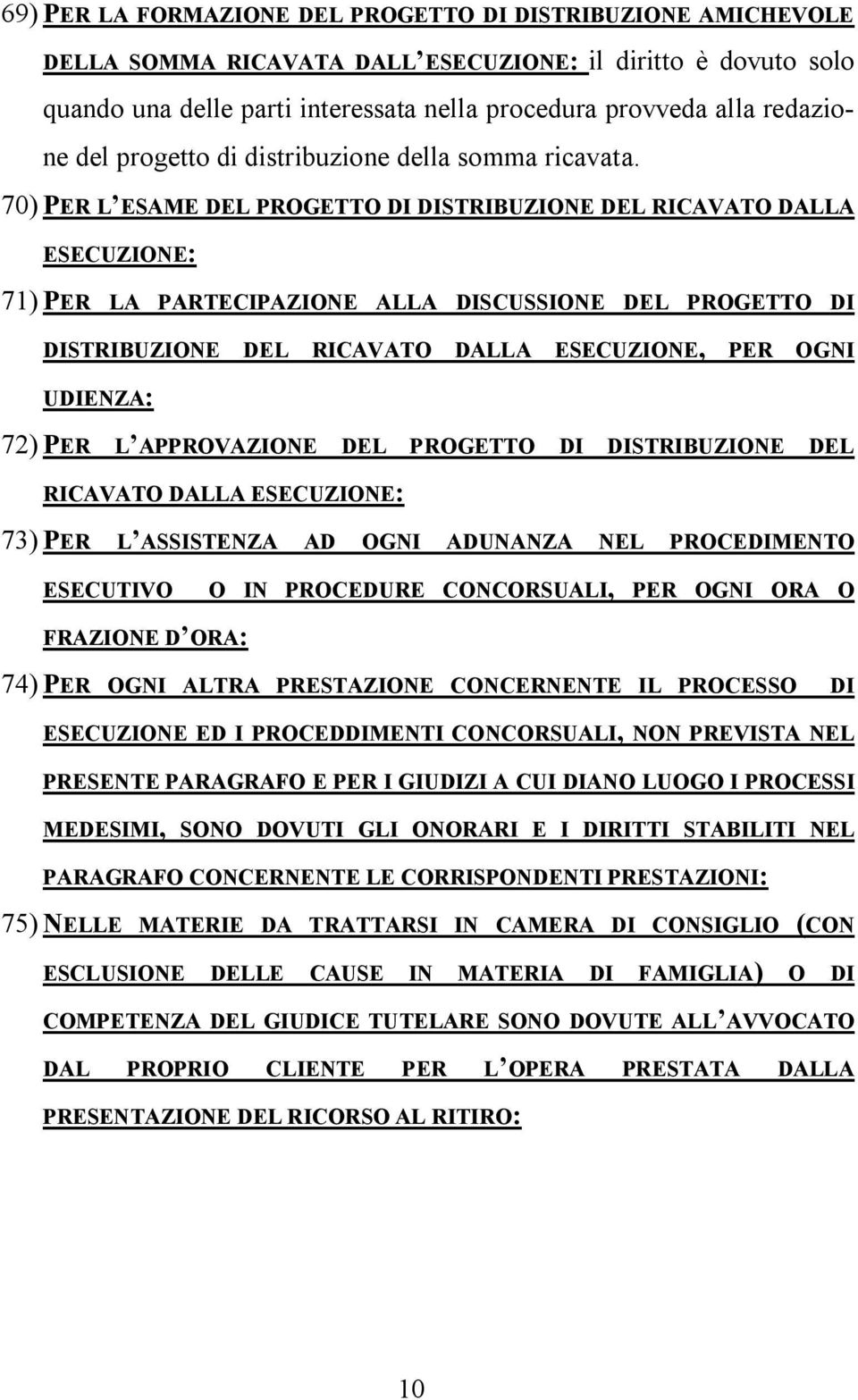 70) PER L ESAME DEL PROGETTO DI DISTRIBUZIONE DEL RICAVATO DALLA ESECUZIONE: 71) PER LA PARTECIPAZIONE ALLA DISCUSSIONE DEL PROGETTO DI DISTRIBUZIONE DEL RICAVATO DALLA ESECUZIONE, PER OGNI UDIENZA: