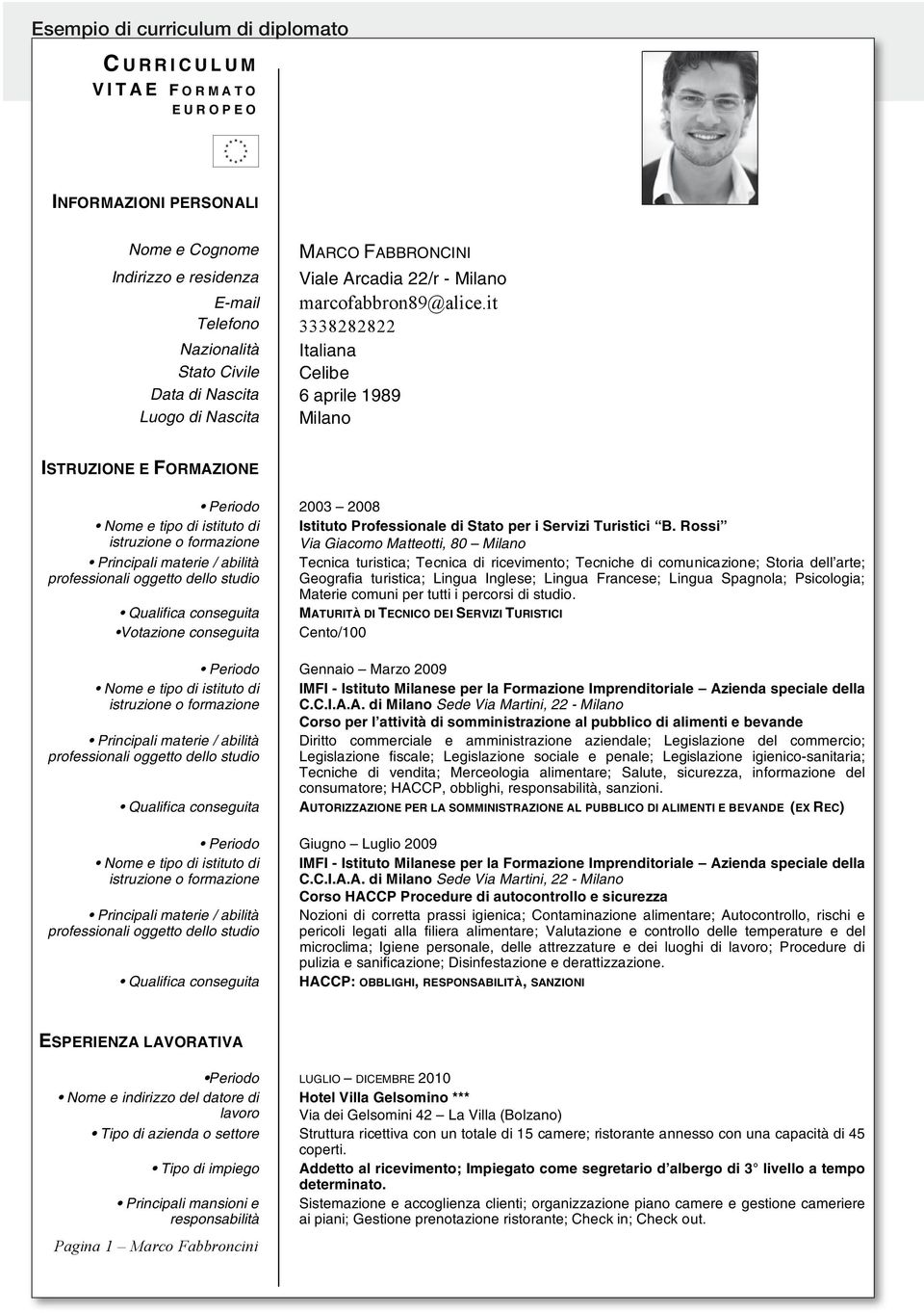 it 3338282822 Italiana Celibe Nazionalità Stato Civile Data di Nascita 6 aprile 1989 Luogo di Nascita Milano ISTRUZIONE E FORMAZIONE Periodo 2003 2008 Nome e tipo di istituto di Istituto