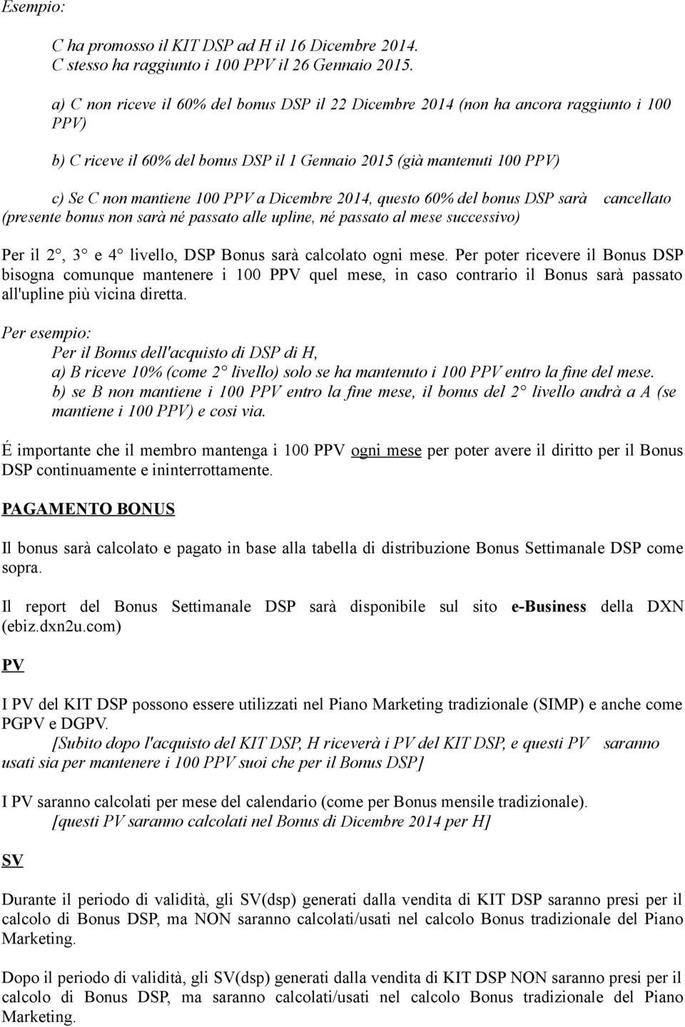 Dicembre 2014, questo 60% del bonus DSP sarà cancellato (presente bonus non sarà né passato alle upline, né passato al mese successivo) Per il 2, 3 e 4 livello, DSP Bonus sarà calcolato ogni mese.