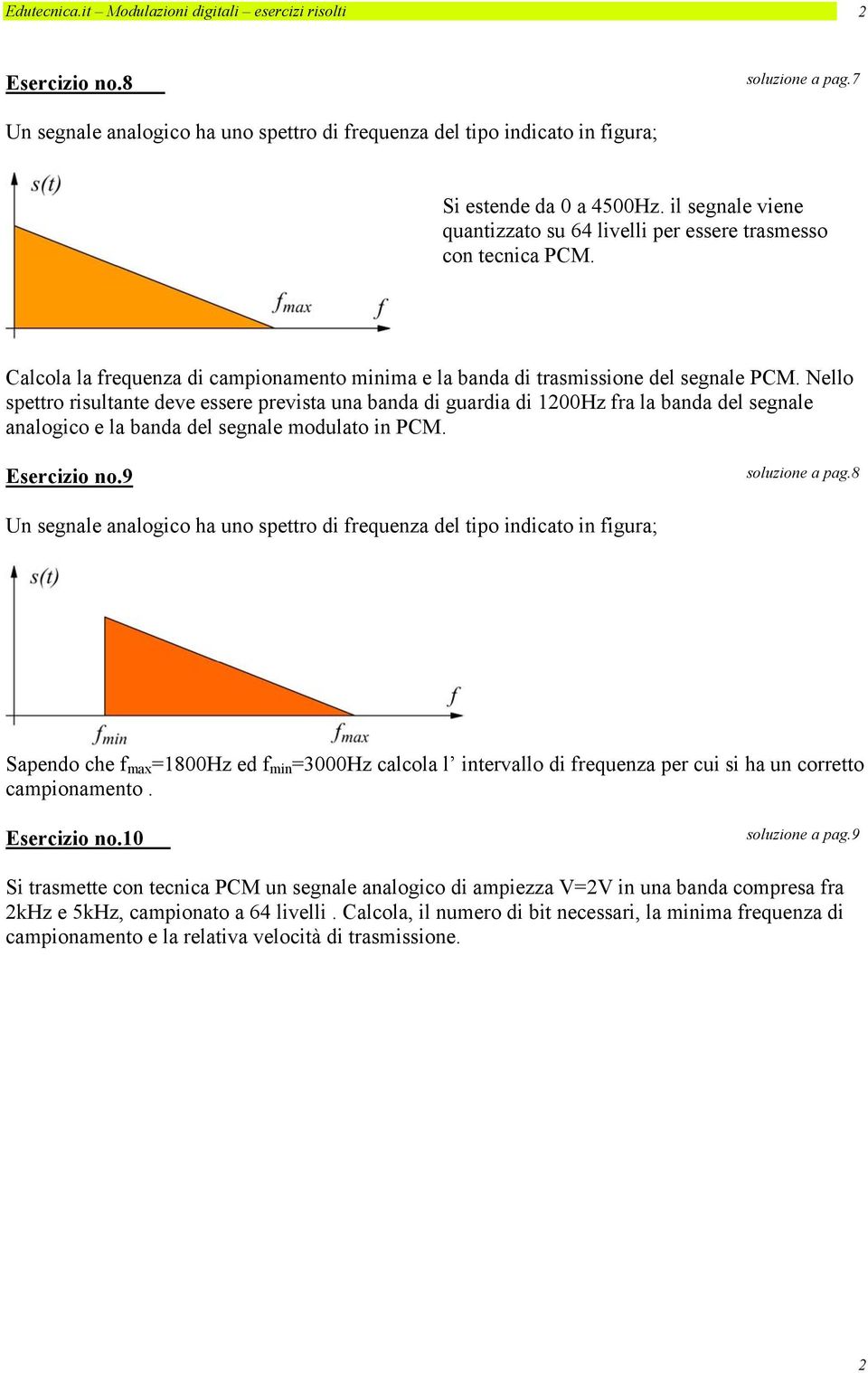 Nello spettro risultante deve essere prevista una banda di guardia di 100Hz ra la banda del segnale analogio e la banda del segnale modulato in PCM. Eserizio no.9 soluzione a pag.