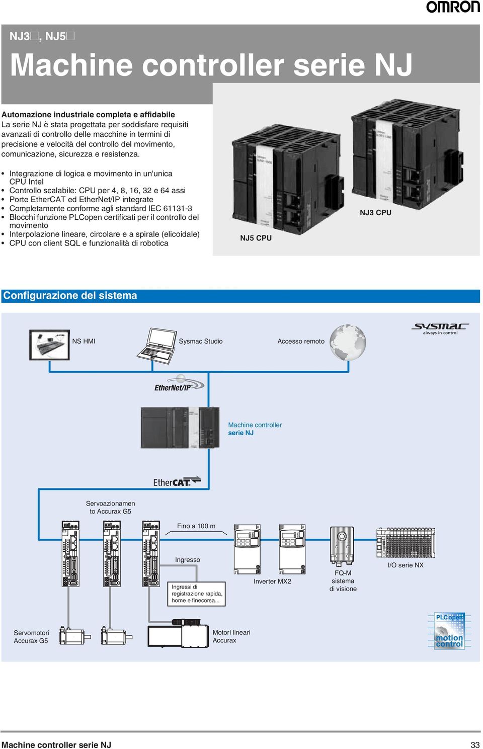 Integrazione di logica e movimento in un'unica CPU Intel Controllo scalabile: CPU per 4, 8, 16, 32 e 64 assi Porte EtherCAT ed EtherNet/IP integrate Completamente conforme agli standard IEC 61131-3