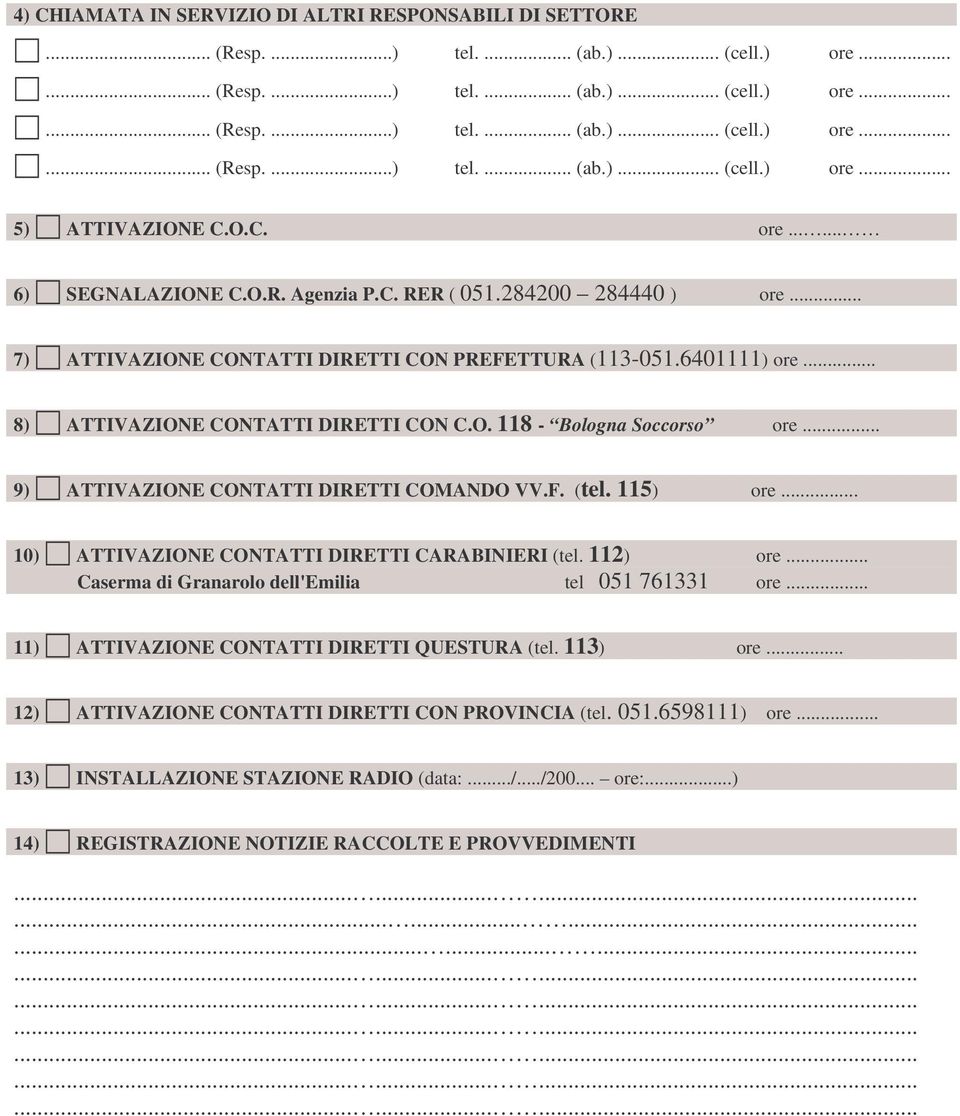 .. 9) ATTIVAZIONE CONTATTI DIRETTI COMANDO VV.F. (tel. 115) ore... 10) ATTIVAZIONE CONTATTI DIRETTI CARABINIERI (tel. 112) ore... Caserma di Granarolo dell'emilia tel 051 761331 ore.