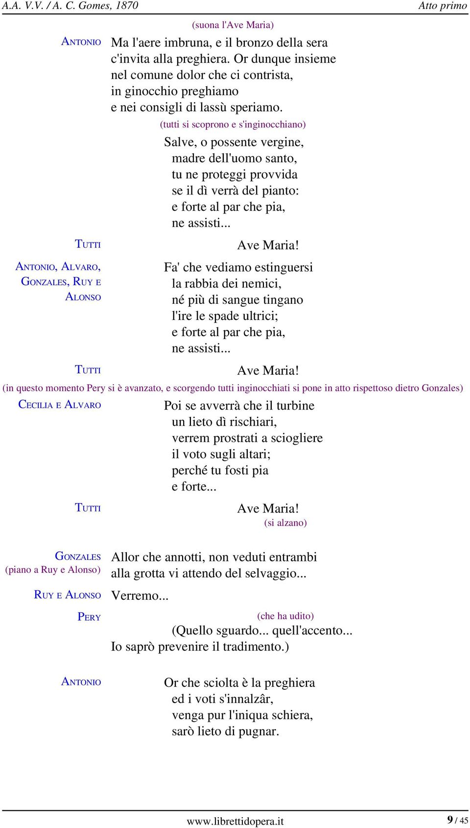 (tutti si scoprono e s'inginocchiano) Salve, o possente vergine, madre dell'uomo santo, tu ne proteggi provvida se il dì verrà del pianto: e forte al par che pia, ne assisti... Ave Maria!