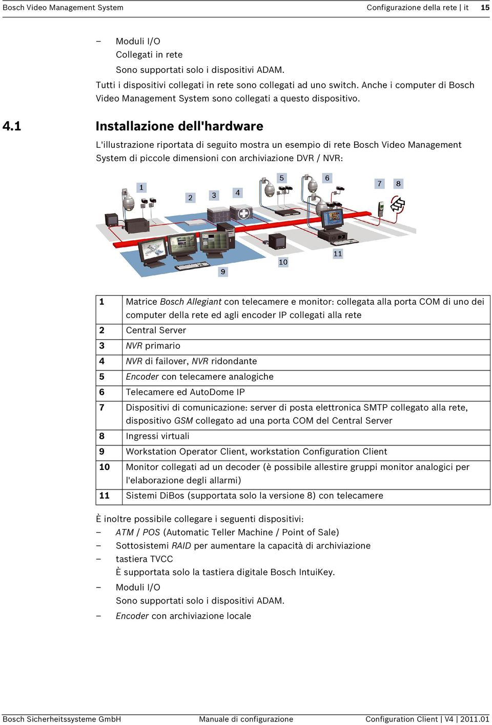 1 Installazione dell'hardware L'illustrazione riportata di seguito mostra un esempio di rete Bosch Video Management System di piccole dimensioni con archiviazione DVR / NVR: 1 Matrice Bosch Allegiant