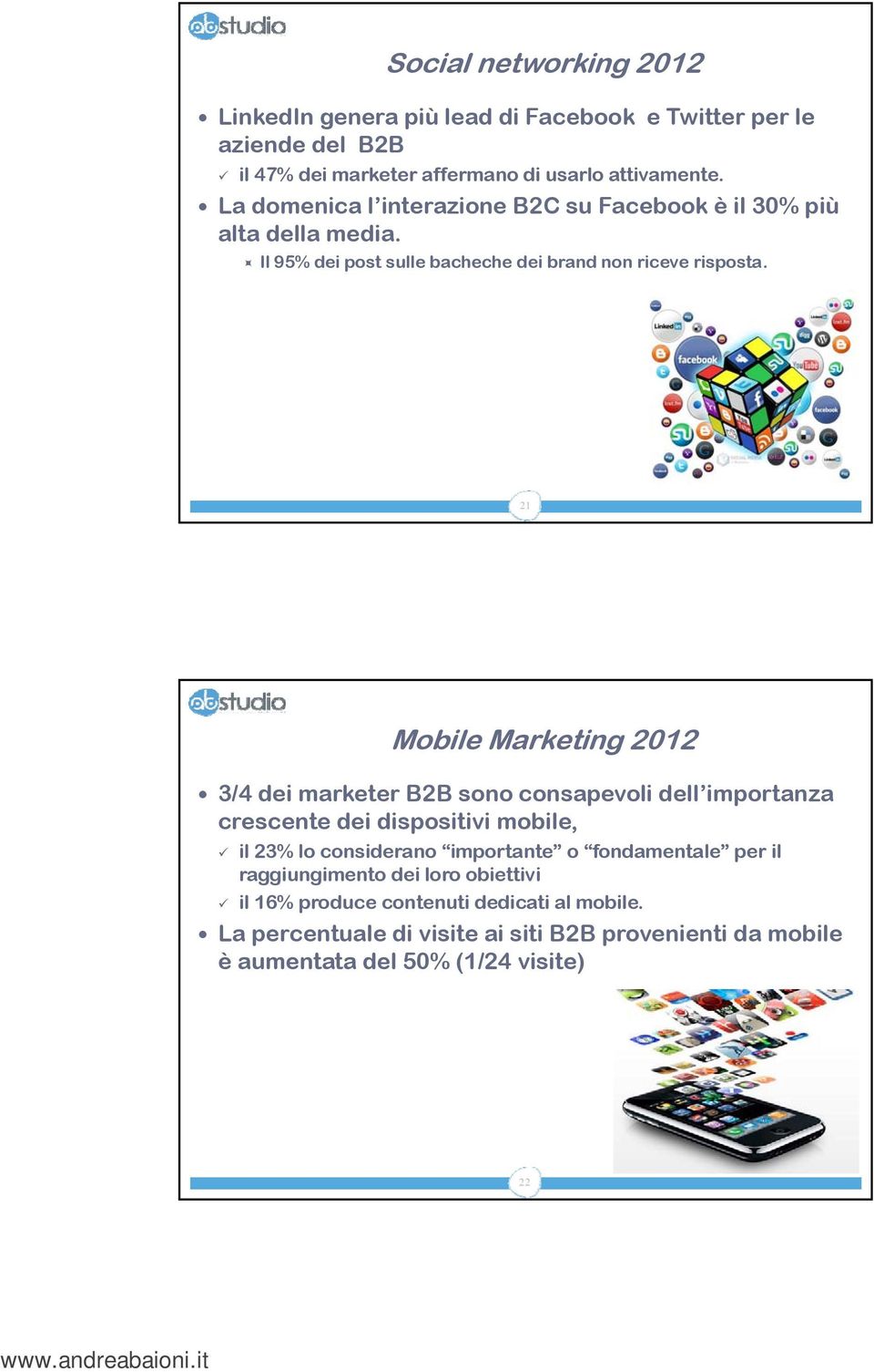 21 Mobile Marketing 2012 3/4 dei marketer B2B sono consapevoli dell importanza crescente dei dispositivi mobile, il 23% lo considerano importante o