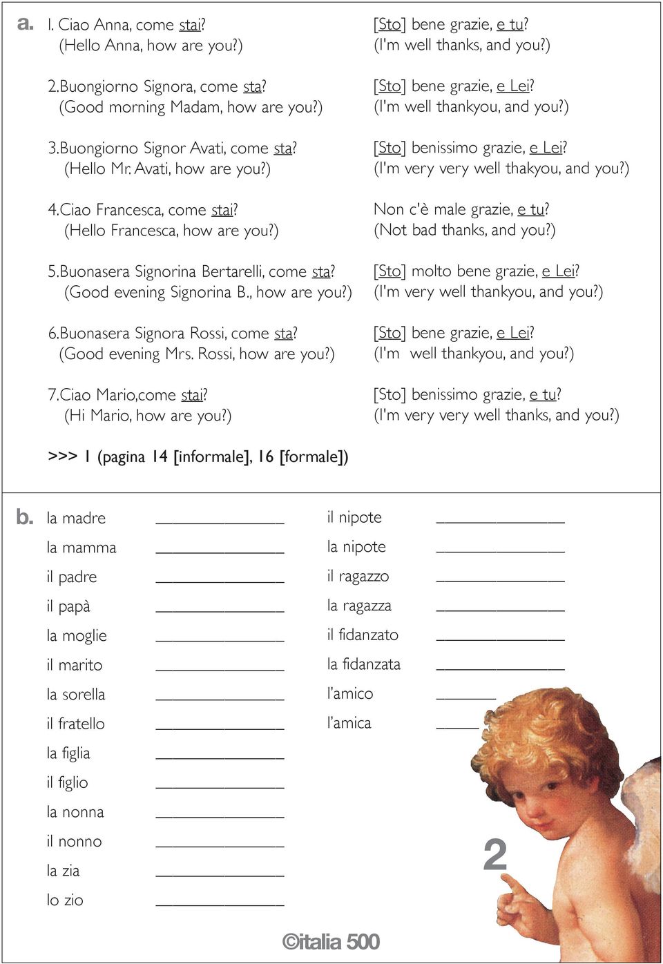 Rossi, how are you?) 7.Ciao Mario,come stai? (Hi Mario, how are you?) 1 (pagina 14 [informale], 16 [formale]) [Sto] bene grazie, e tu? (I'm well thanks, and you?) [Sto] bene grazie, e Lei?
