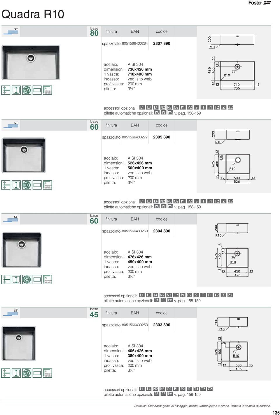 vasca: 200 mm 60 accessori opzionali: L1 L3 L4 N2 N3 O2 P1 P2 S T T1 T2 Z Z2 spazzolato 8051566430260 2304 890 dimensioni: 476x426 mm 1 vasca: 450x400 mm prof.