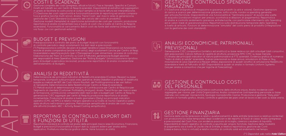 (*) Gestione dei costi opportunità e funzionalità evolute di reporting ed analisi comparativa e grafica (anche multi-anno).