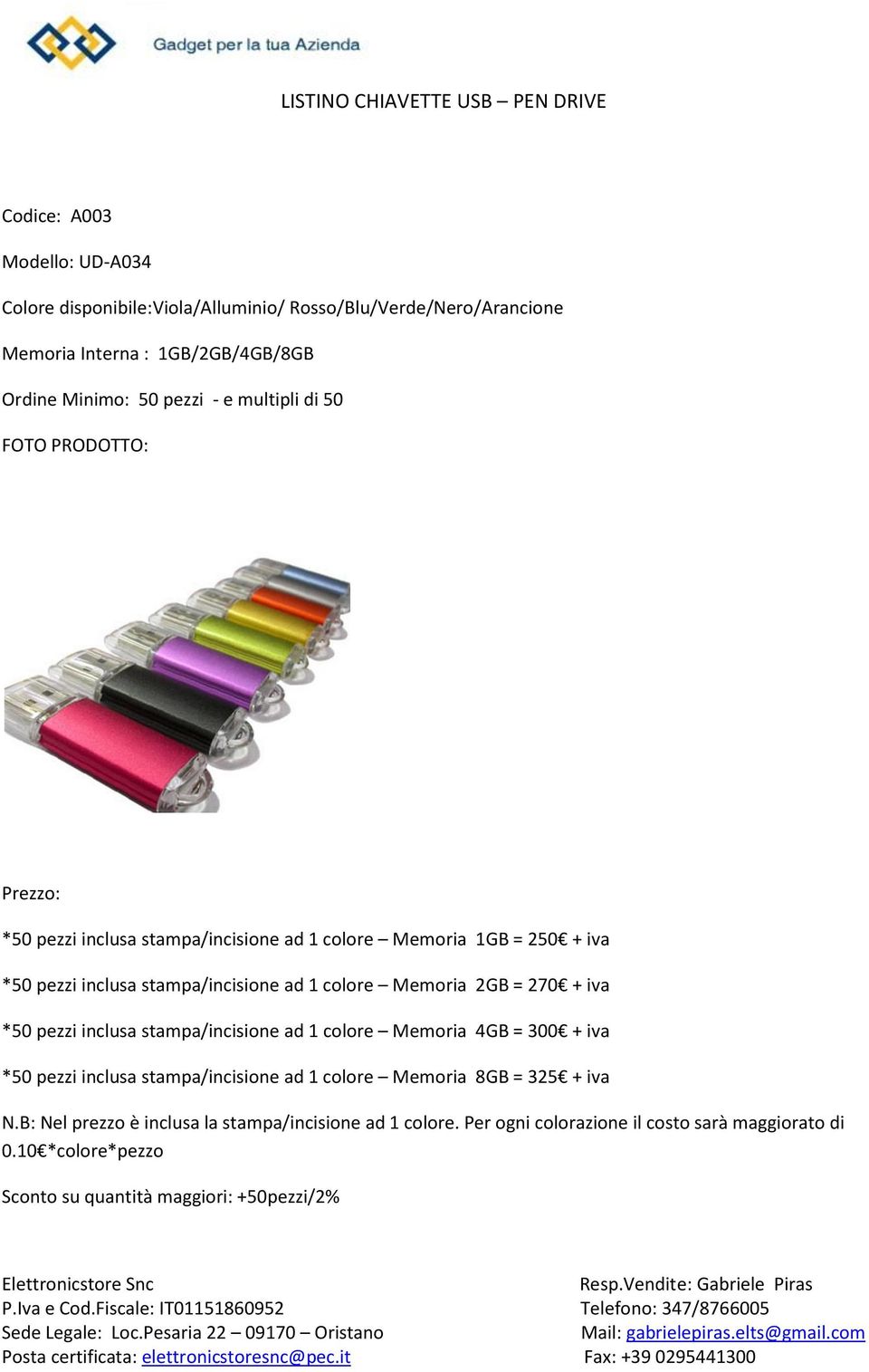 Memoria 1GB = 250 + iva *50 pezzi inclusa stampa/incisione ad 1 colore Memoria 2GB = 270 + iva *50 pezzi