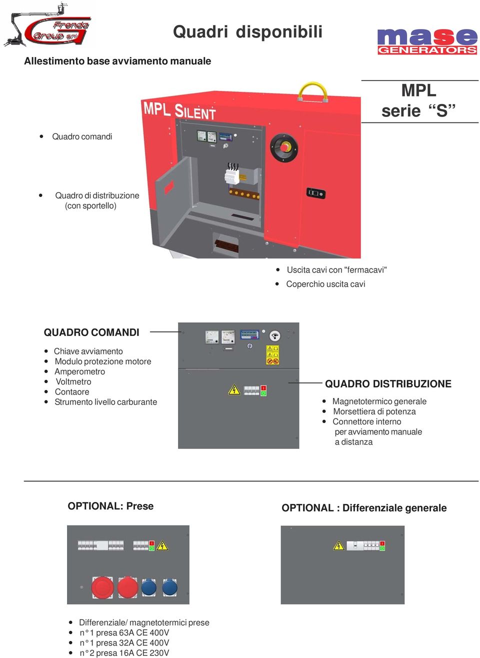 carburante QUADRO DISTRIBUZIONE Magnetotermico generale Morsettiera di potenza Connettore interno per avviamento manuale a distanza