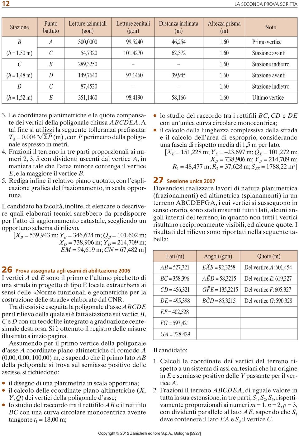 198,4190 58,166 1,60 Ultimo vertice 3. Le coordinate planimetriche e le quote compensate dei vertici della poligonale chiusa DE.